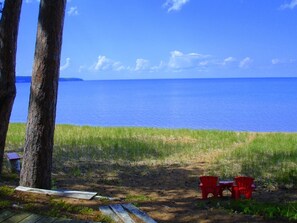 On the beach, sun-loungers