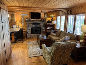 TV, fireplace, DVD player, books