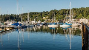 A marina with multiple sailboats docked, surrounded by a forested hillside. - Gorgeous location and getaway! Pickleball court! (Lakebay)