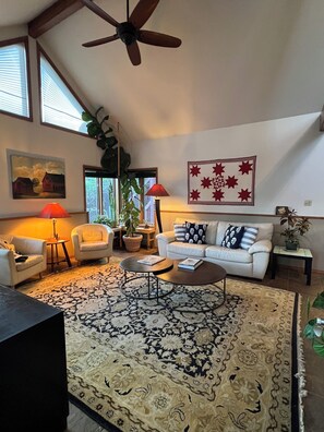 Una Smart TV, una chimenea, un reproductor de DVD, libros