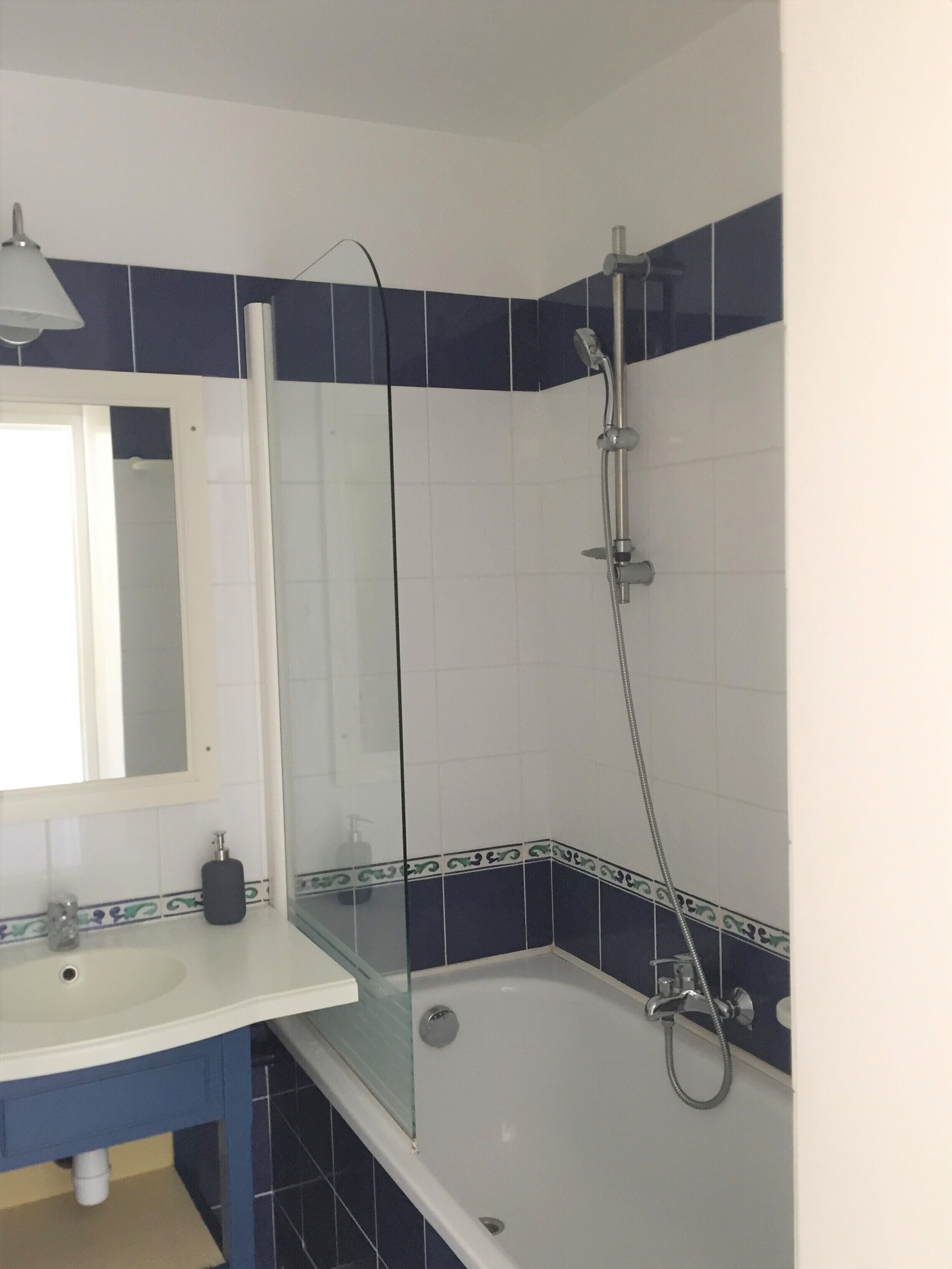 Un baño con un lavabo blanco, un espejo, una ducha con cabezal de ducha manual y paredes con azulejos blancos y azules.