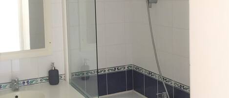 Un baño con un lavabo blanco, un espejo, una ducha con cabezal de ducha manual y paredes con azulejos blancos y azules.