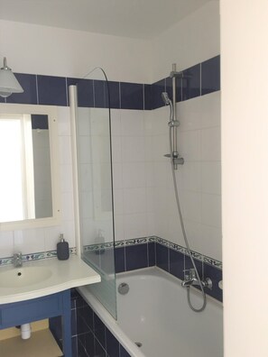 Bathtub, towels, toilet paper