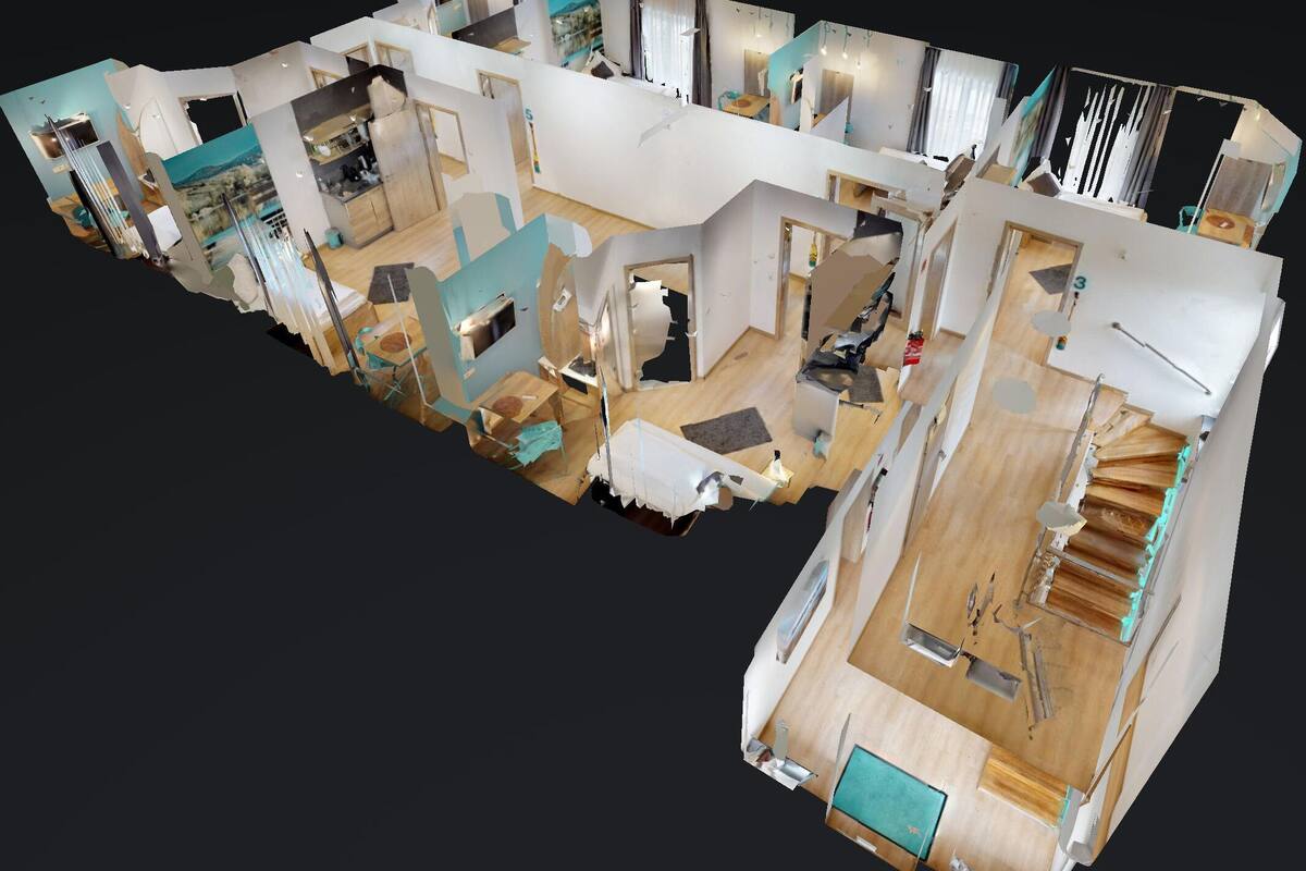 Modelo 3D de un interior de hotel con varias habitaciones, una cocina y un comedor.