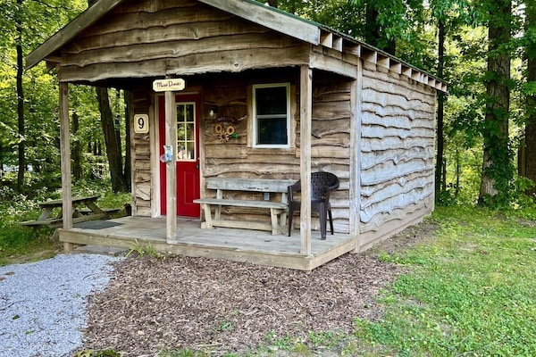 Cabin #9 is nestled in the woods. Picnic table and fire rind provided.