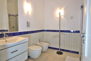 Shower, hair dryer, bidet, towels