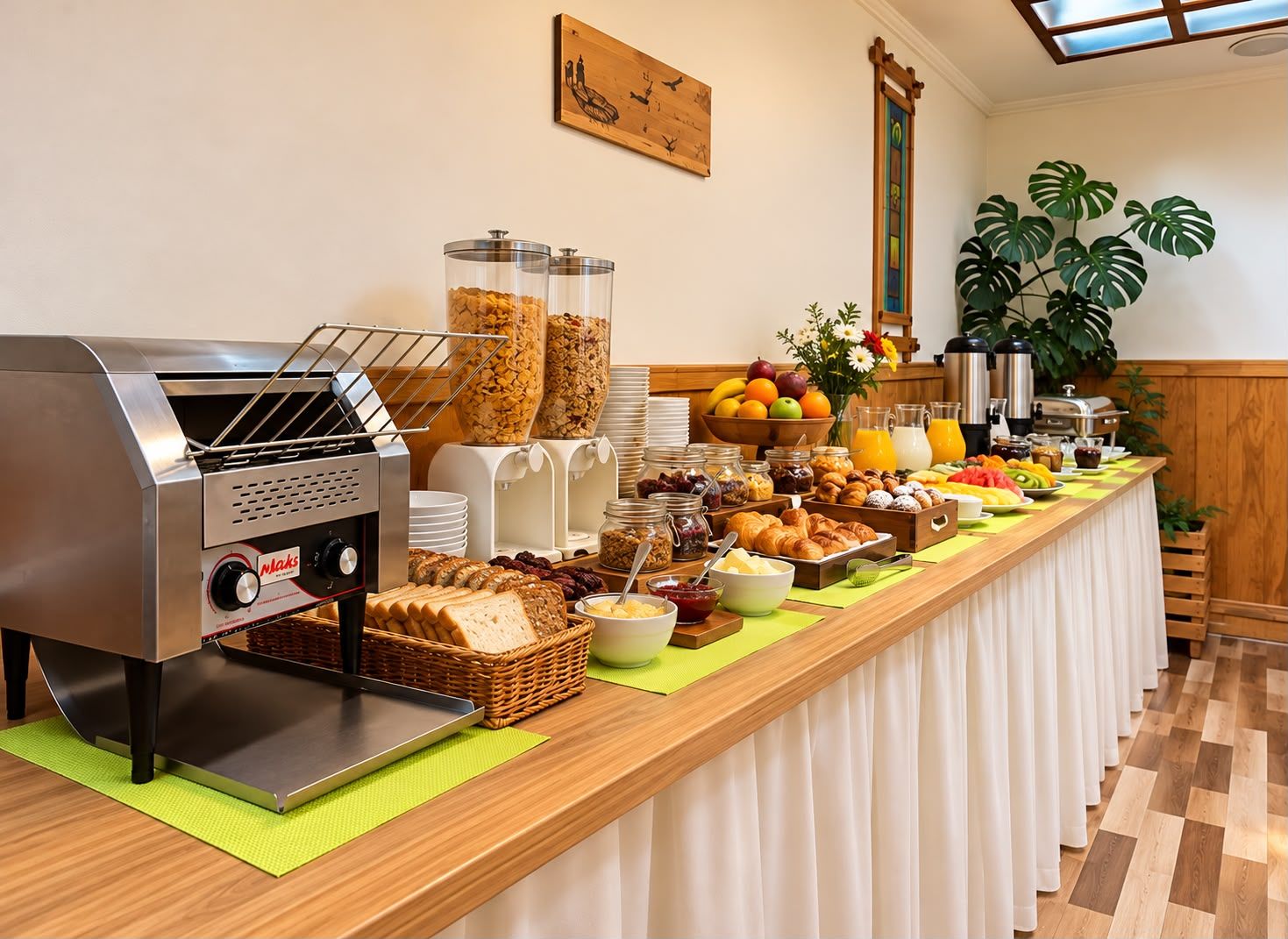 A buffet setup with a grill, various food items, and a coffee station.