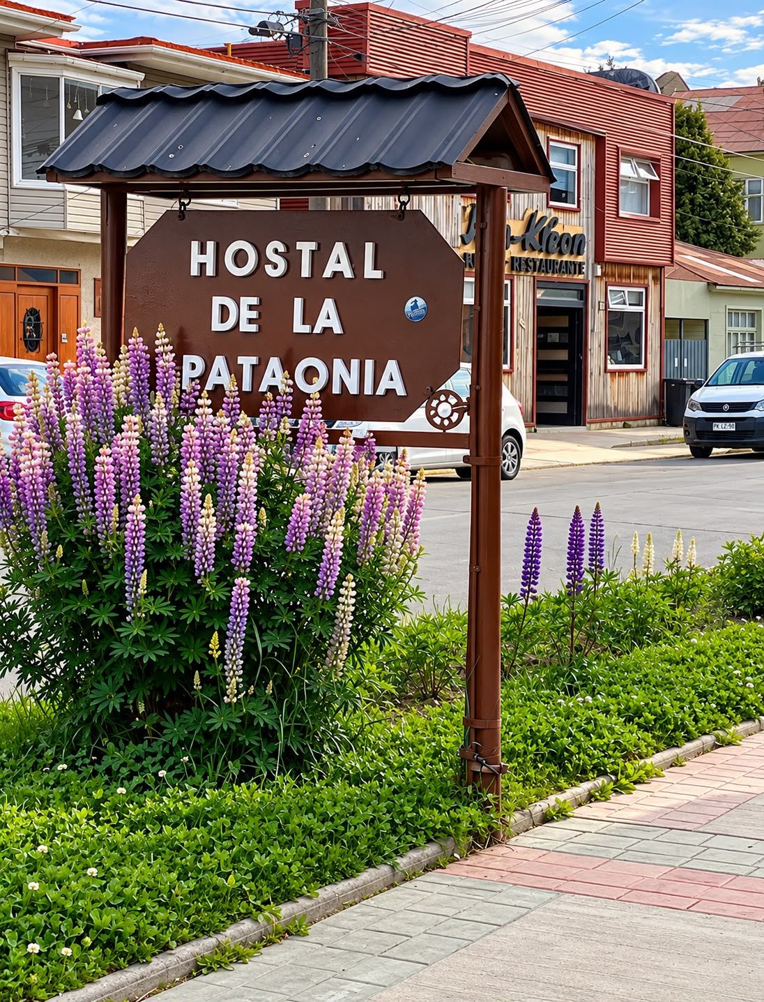 Letrero de un hostal que dice 'Hostal de la Patagonia', rodeado de flores moradas.