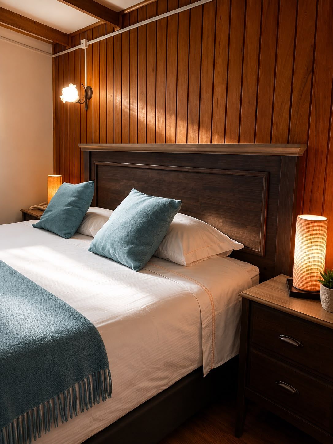 Un lit bien fait, avec une tête de lit, deux oreillers, une lampe de chevet et une table de chevet agrémentée d’une plante.