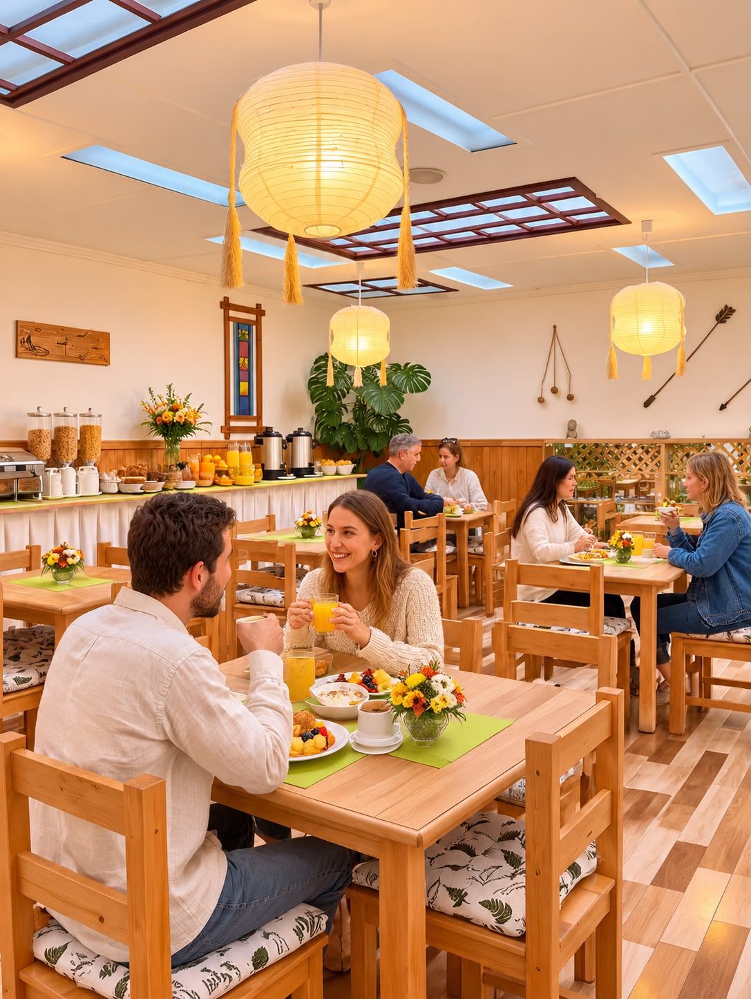 A dining area with wooden tables and chairs, a variety of breakfast items, and a large window allowing natural light.