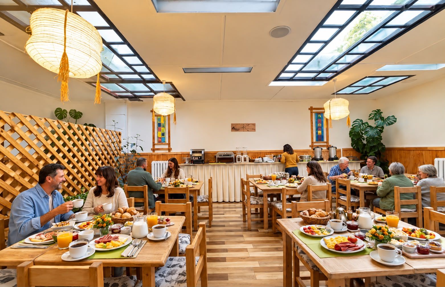 Una zona de menjador amb diverses taules, cadires i diferents aliments per esmorzar.