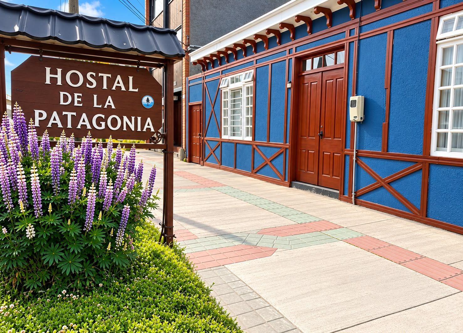 A hostel sign with a mountain icon, indicating a mountain view.