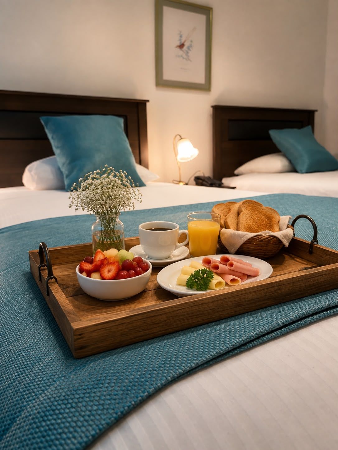 A breakfast tray on a bed with a cup of coffee, orange juice, bread, and a bowl of fruit.