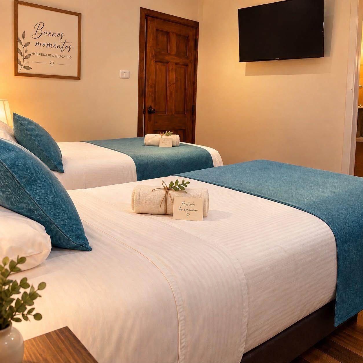 Habitació d'hotel amb dos llits, cadascun amb un estovat blau i un coixí blanc. Hi ha un quadre penjat a la paret i un televisor fixat sobre els llits.
