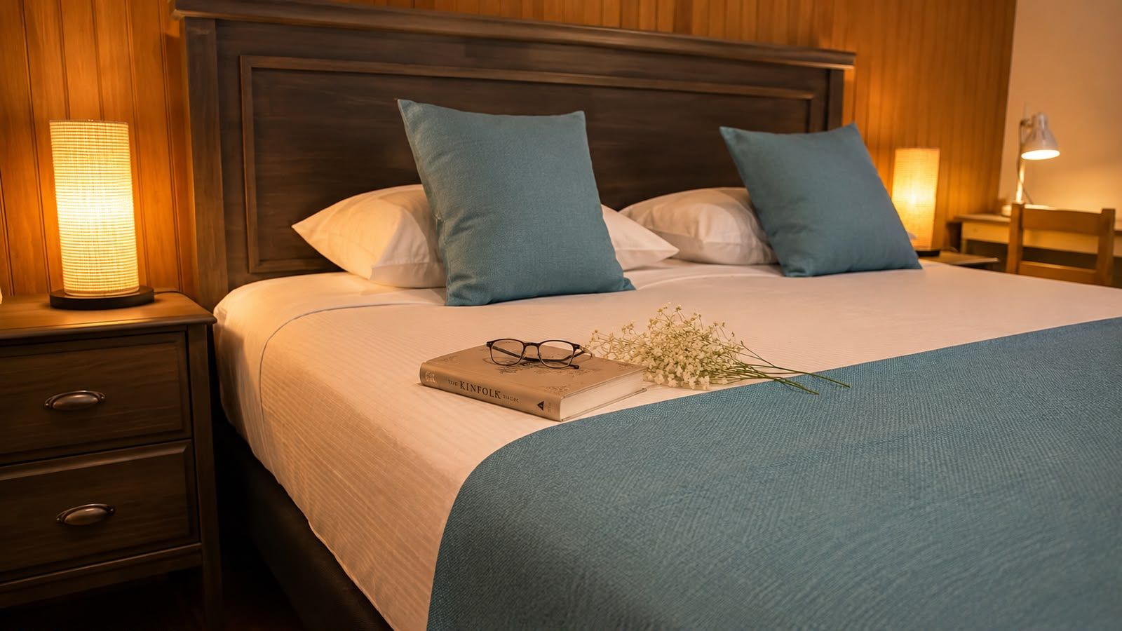 Cama bem arrumada com manta azul, duas almofadas, mesa de cabeceira com abajur e um livro com óculos em cima.