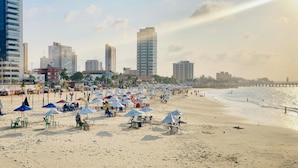 Une plage avec de nombreux parasols et des chaises, un rivage sablonneux et un paysage urbain avec de hauts immeubles en arrière-plan.