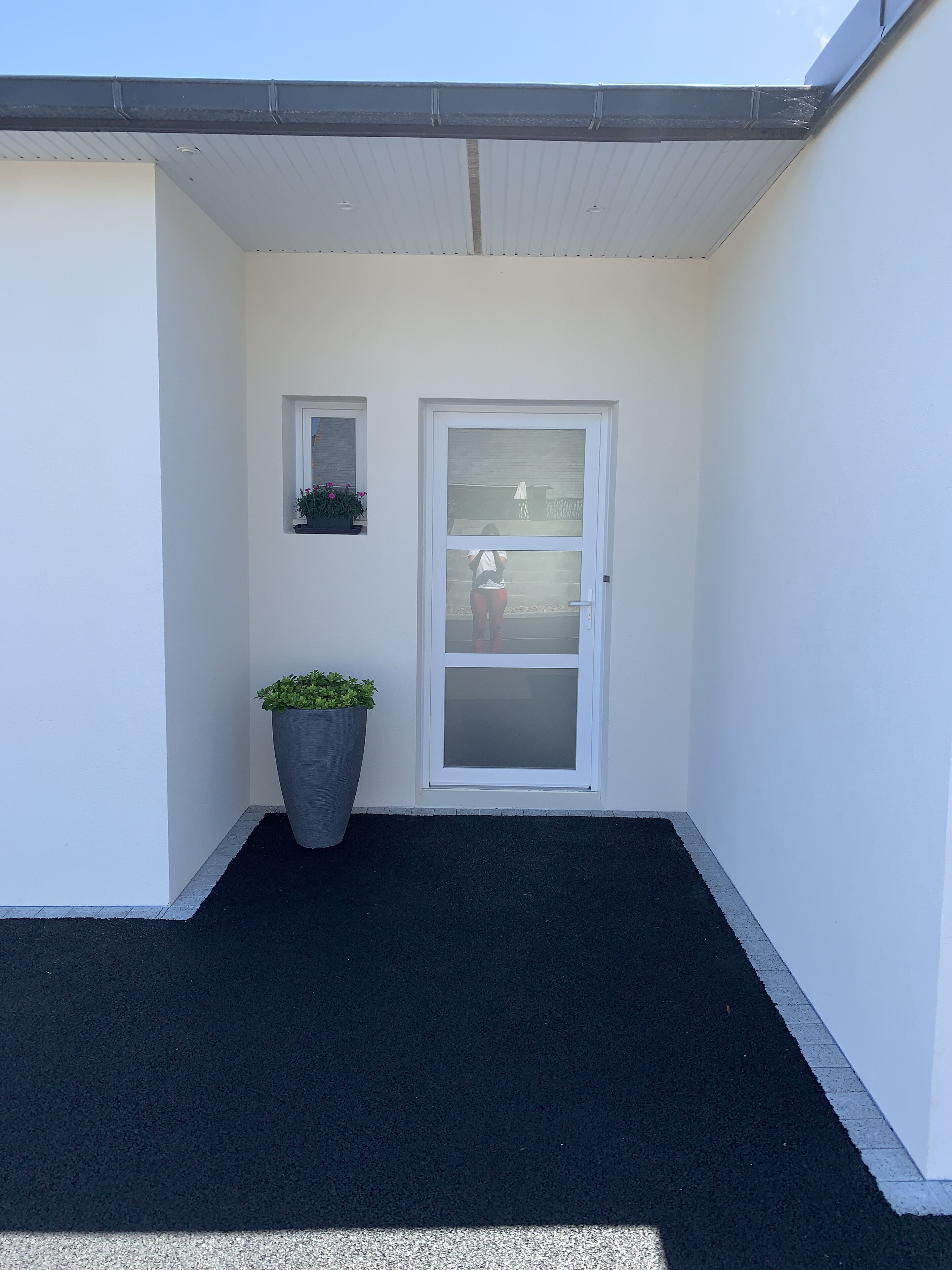 Een hoek van een gebouw met een witte gevel, een grote potplant, een klein raam en een deur met een geëtst glaspaneel.