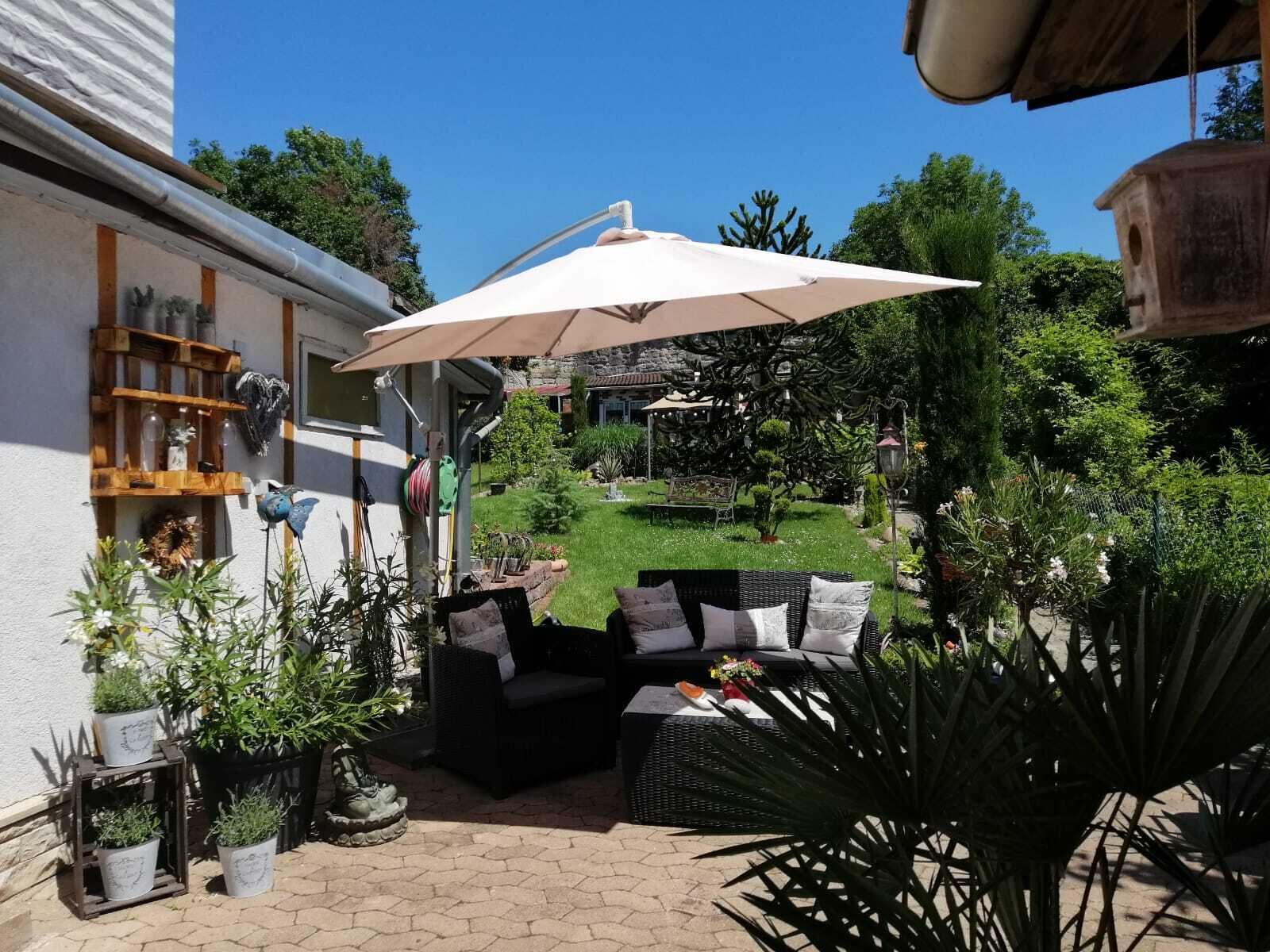 Zona exterior amb mobiliari, una pèrgola i jardí.
