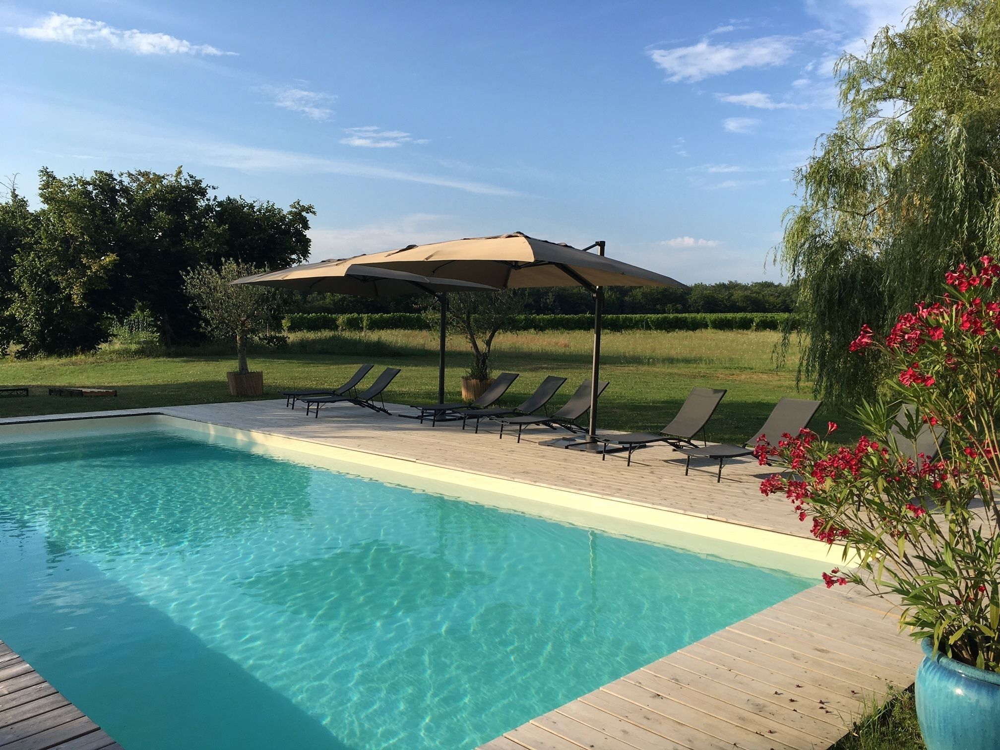 Piscine extérieure, parasols de plage, chaises longues