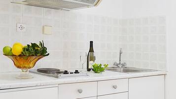 Habitación básica doble, vistas al jardín | Cocina básica privada | Frigorífico, placa de cocina, hervidor eléctrico y utensilios de cocina
