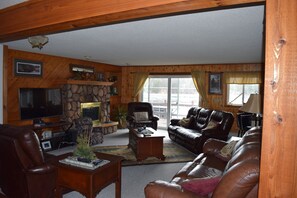 Smart TV, fireplace, DVD player, books