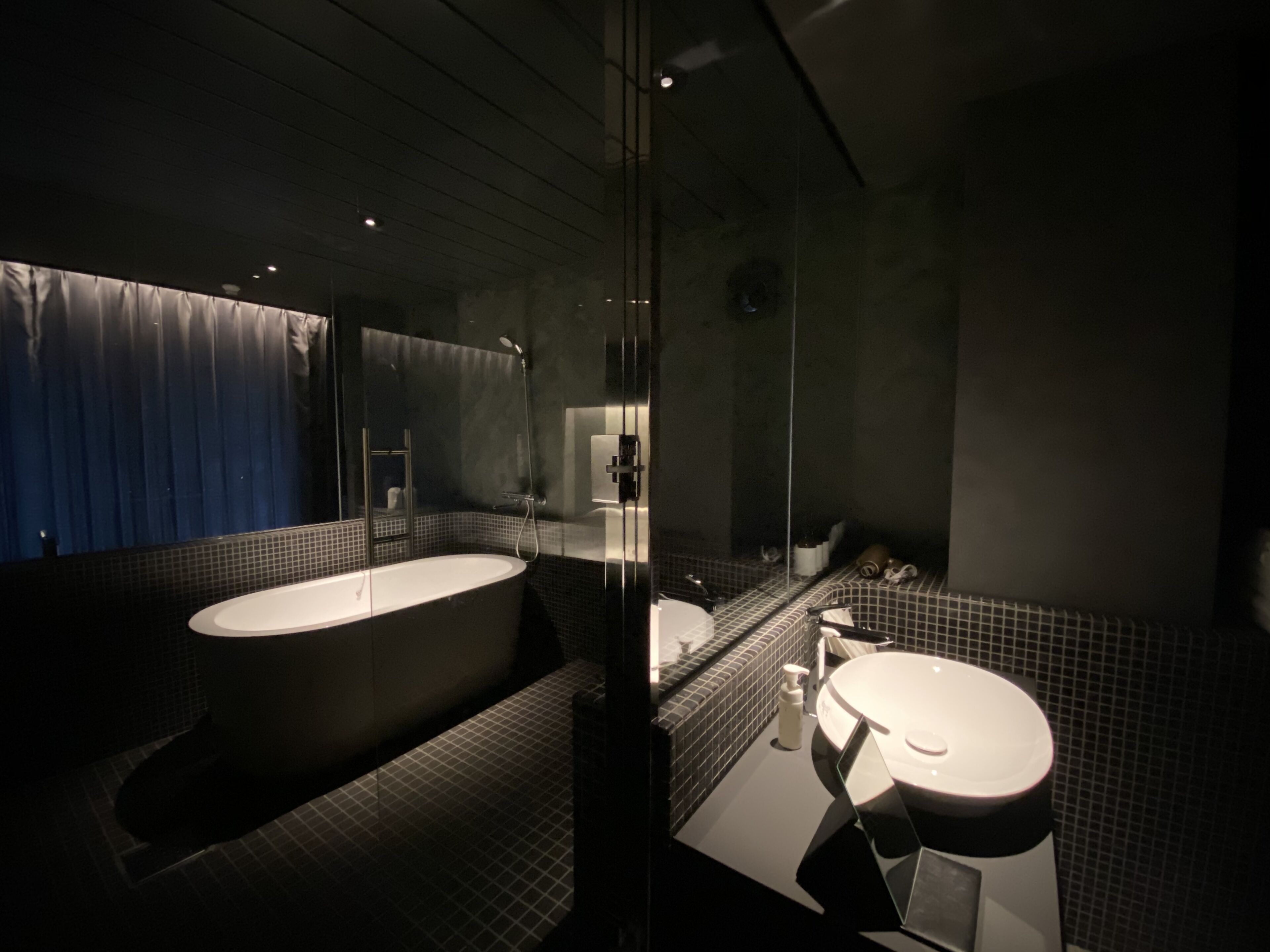 A modern bathroom with a freestanding bathtub, a separate sink area, and a glass-enclosed shower.