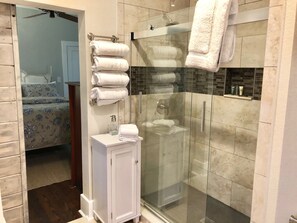 Regadera, secadora de cabello, toallas, papel de baño 