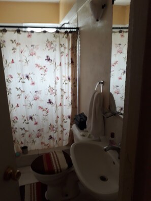 Căn hộ Economy, 1 giường đôi | Phòng tắm | Buồng tắm vòi sen, đồ dùng nhà tắm miễn phí, máy sấy tóc, xà phòng 