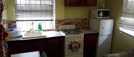 Fridge, microwave, electric kettle, cookware/dishes/utensils