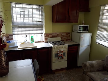 Frigorífico, microondas, hervidor eléctrico y utensilios de cocina. Home Style Apartments