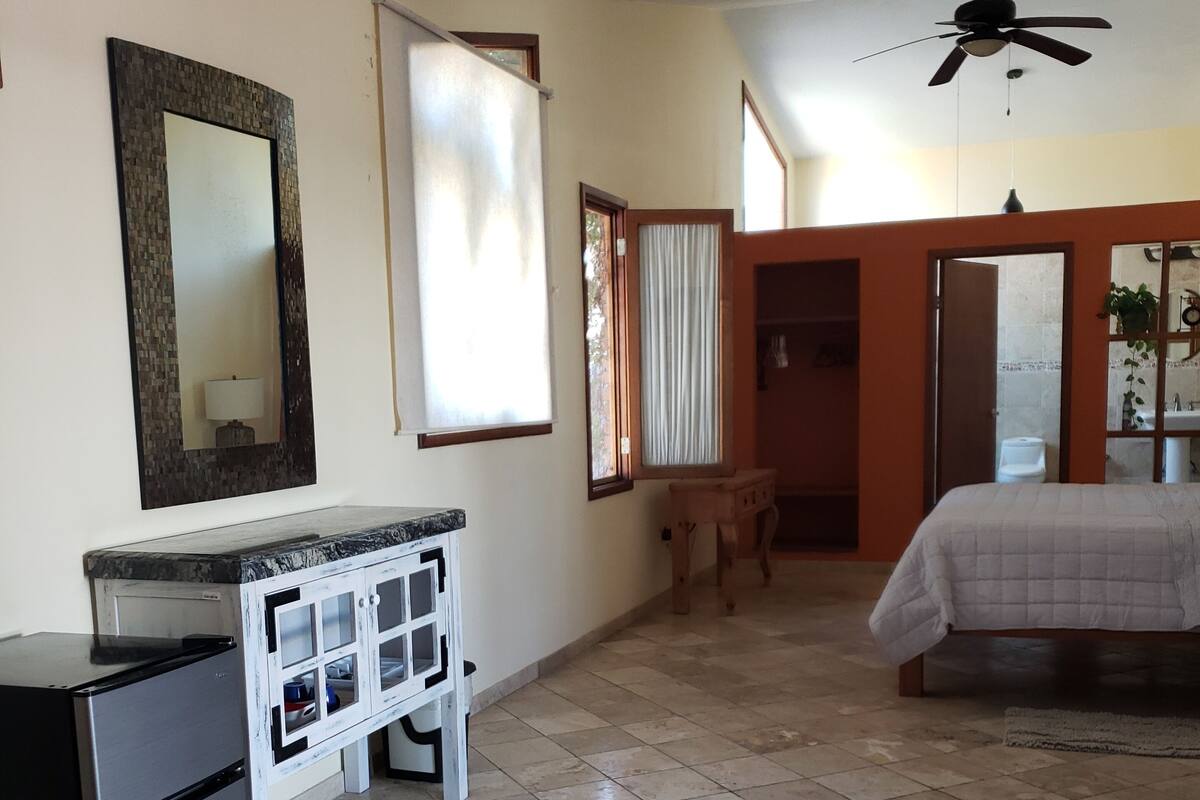 A bedroom with a bed, a desk with a mirror, a ceiling fan, and a bathroom visible through an open door.