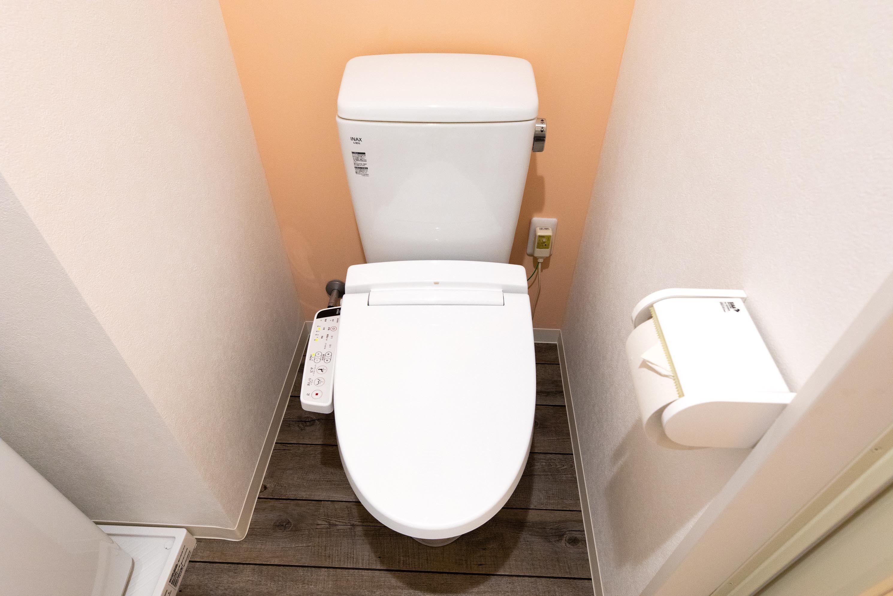 Et lille badeværelse med et hvidt toilet, et kontrolpanel og en toiletpapirholder på væggen.