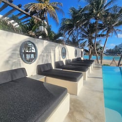 Outdoor pool, pool umbrellas, sun loungers