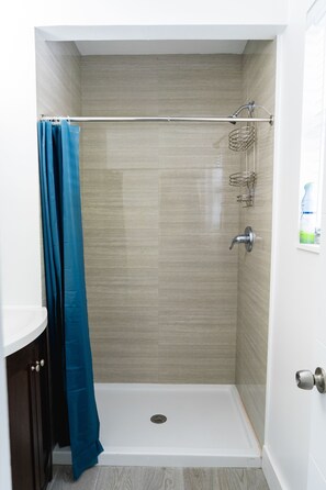 Hair dryer, towels, shampoo, toilet paper