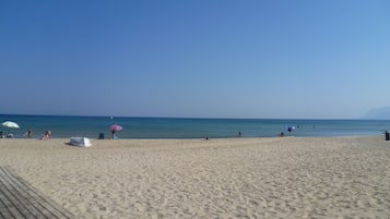 On the beach, sun-loungers
