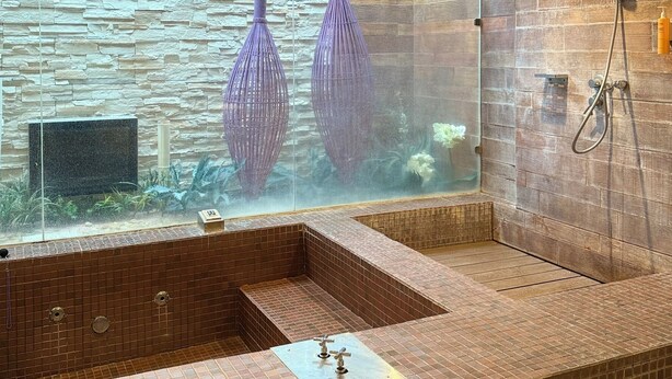 Une salle de bain moderne avec un mur en pierre, une paroi de verre et une baignoire intégrée.