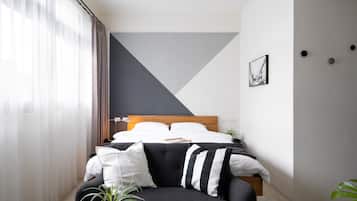 Design Double Room | Individually furnished, desk, laptop workspace, blackout curtains