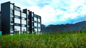 Ein modernes Gebäude mit mehreren Stockwerken und großen Fenstern, umgeben von einem Feld hohem Gras.