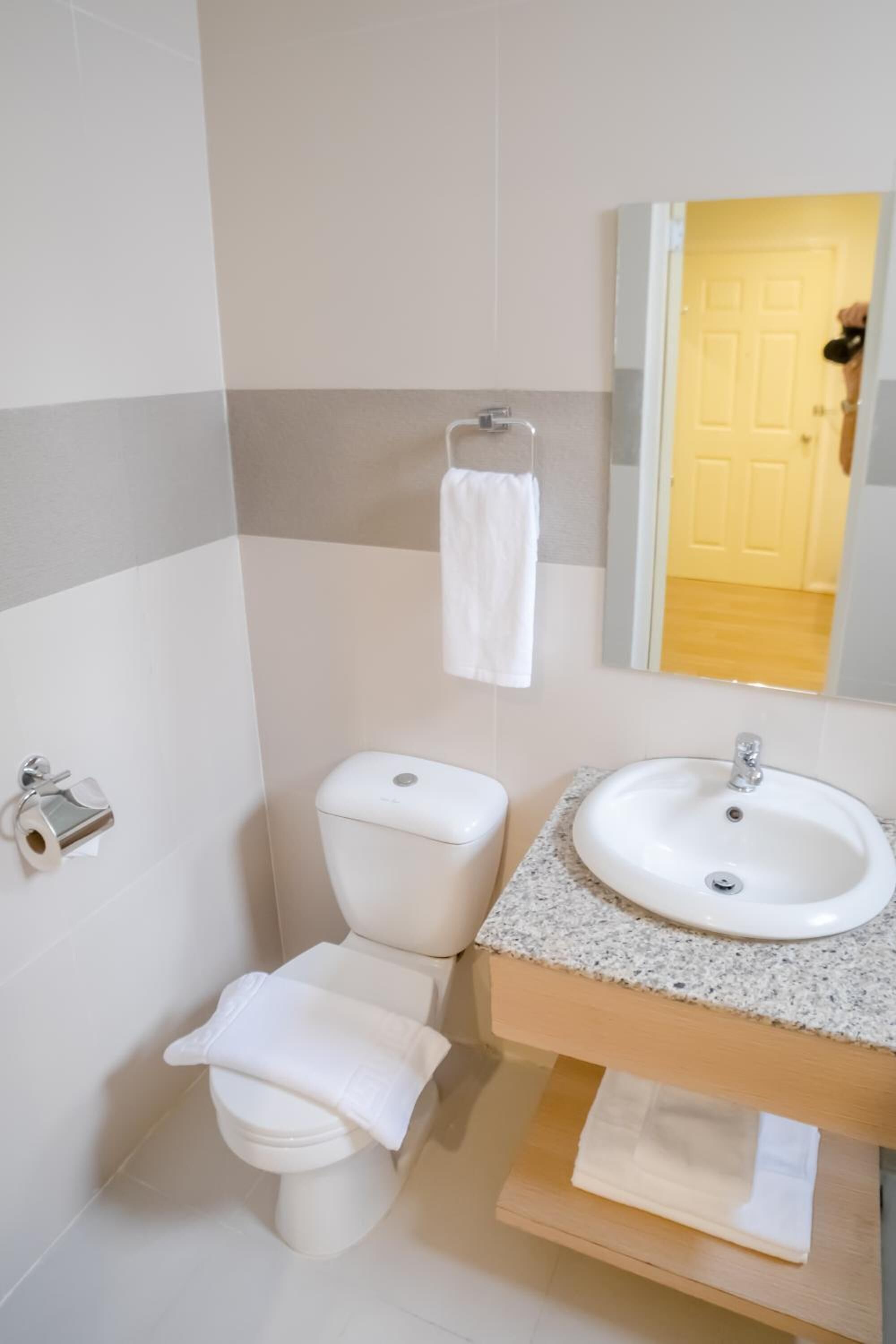 A bathroom with a toilet, sink, and mirror.