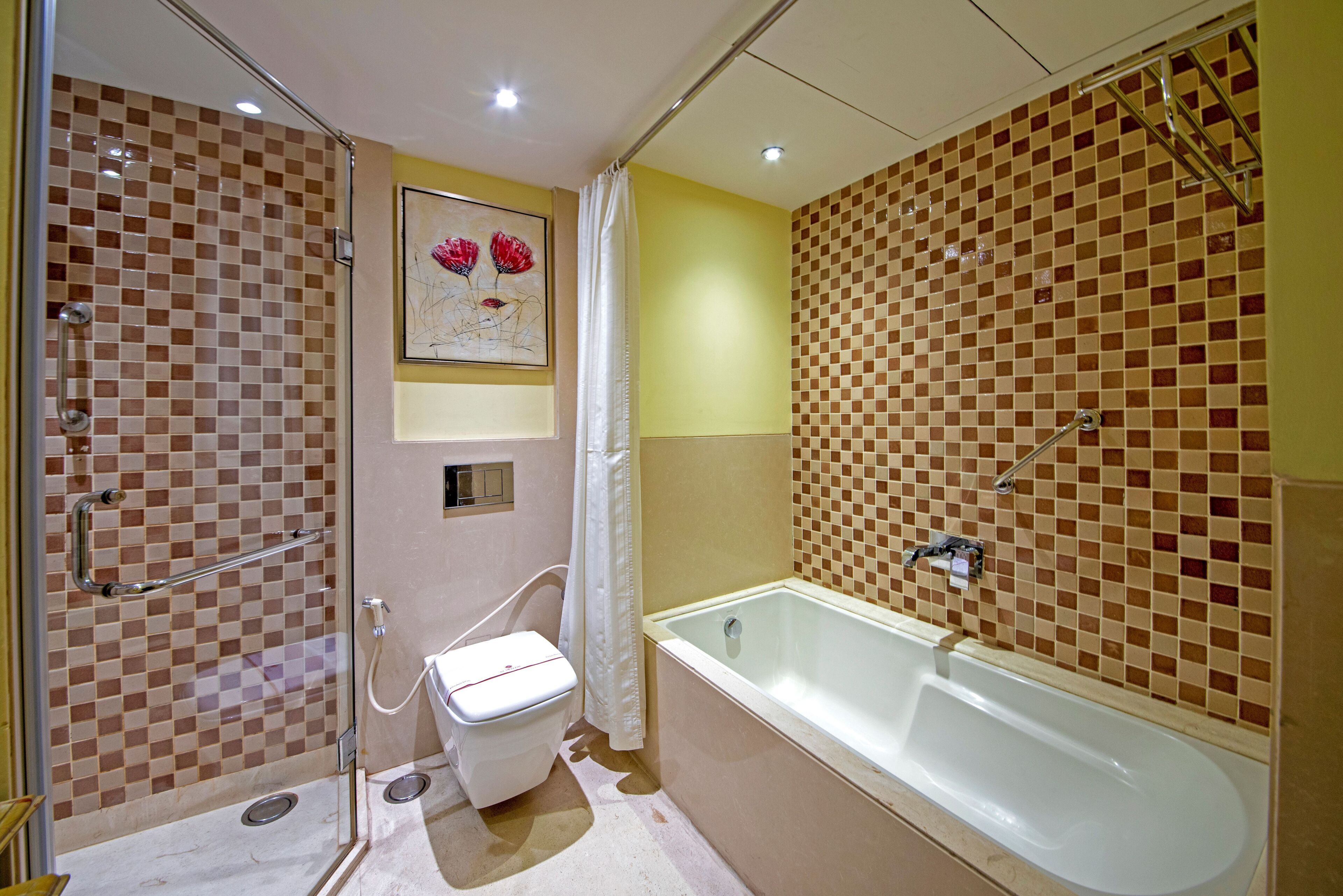 A bathroom with a checkered tile wall, a bathtub, a toilet, and a shower area.
