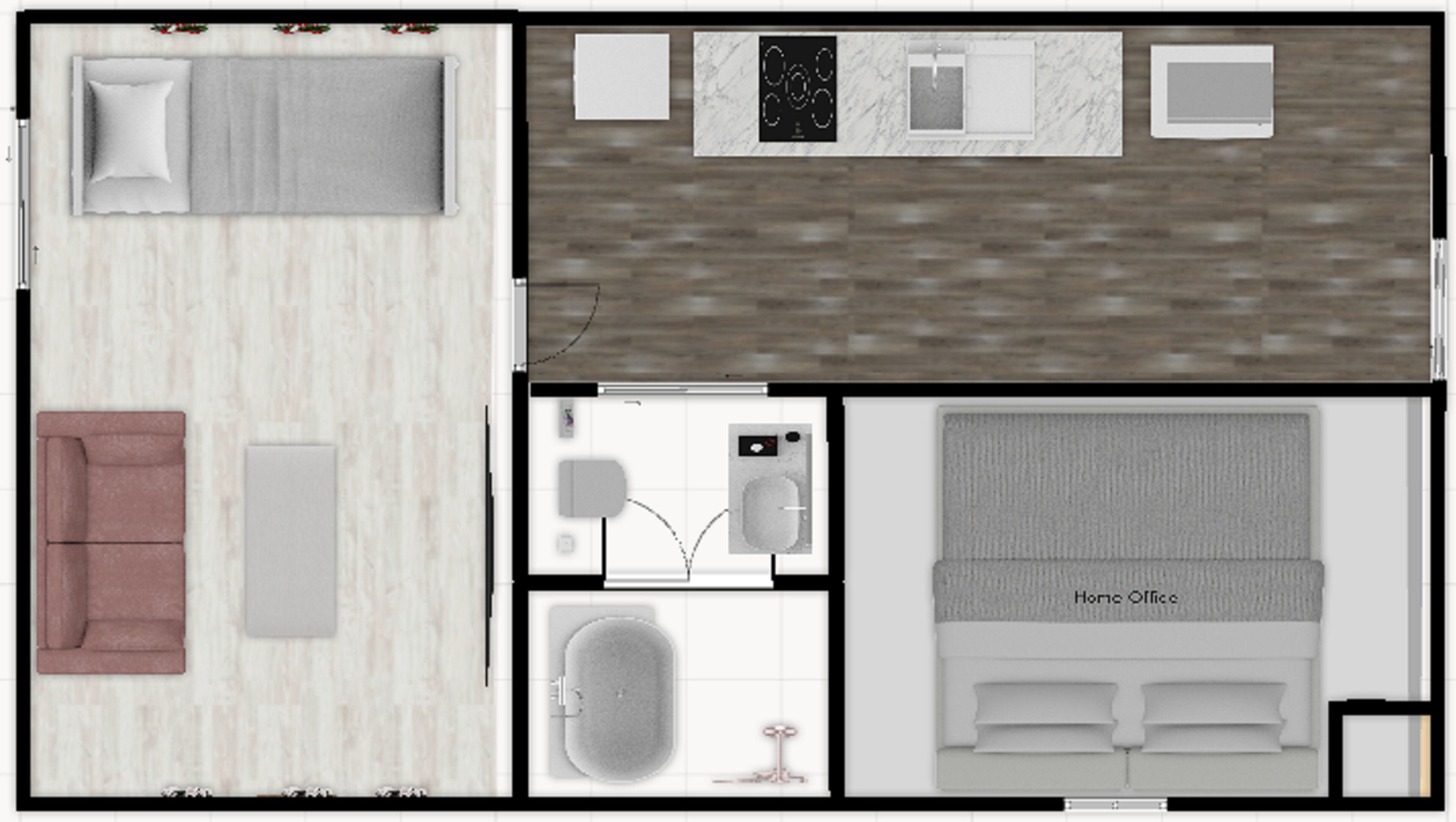 A hotel room layout with a bed, sofa, and a small bathroom including a shower and toilet.