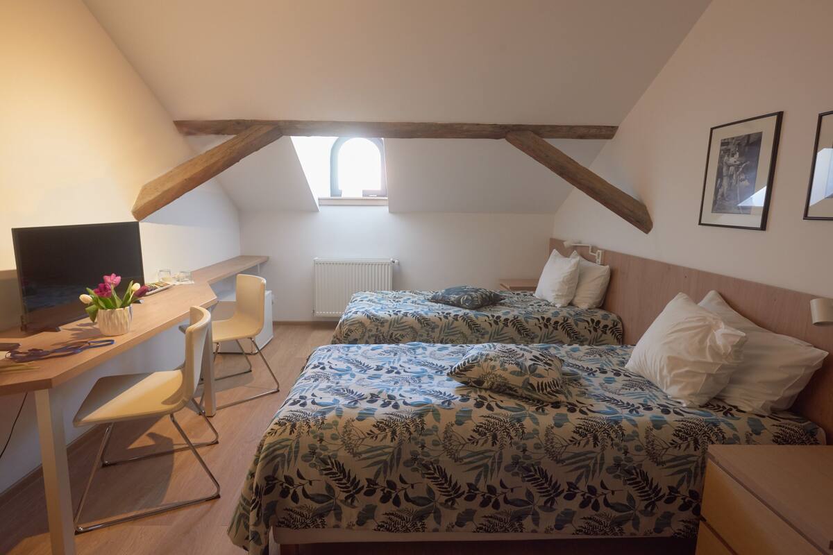 Une chambre avec deux lits, un bureau, une chaise, un radiateur et une fenêtre.