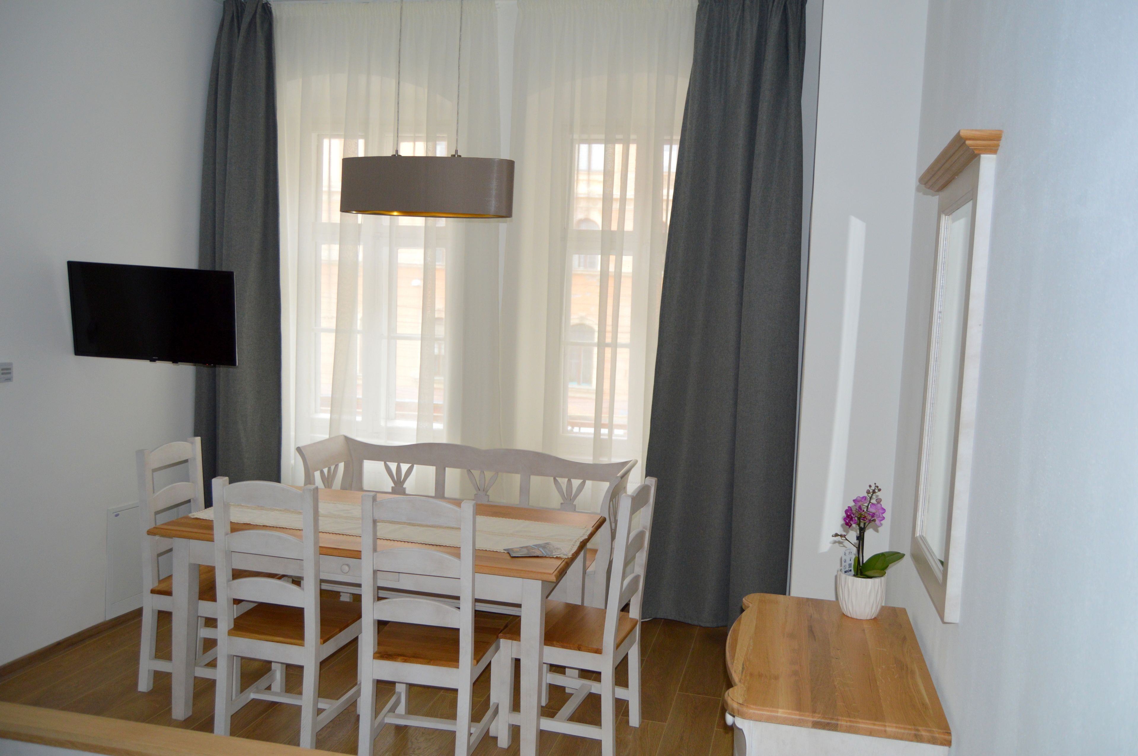 Un área de comedor con una mesa y sillas, un televisor de pantalla plana montado en la pared y una pequeña mesa de madera con una planta en maceta.