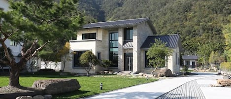 A modern two-story house with a stone facade, large windows, and a paved driveway leading to the entrance.