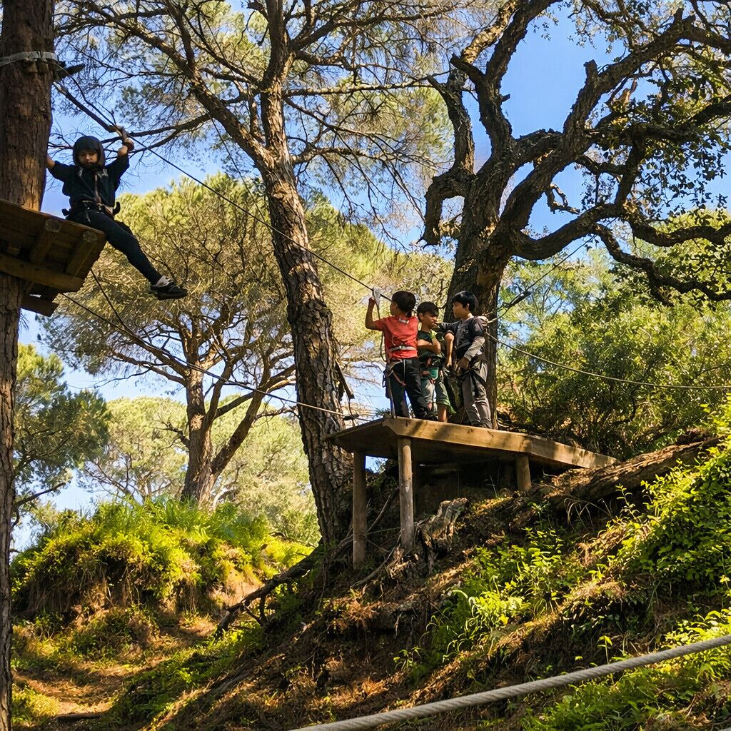 Un grupo de personas en una plataforma de madera en un área boscosa, con árboles y cielo despejado.
