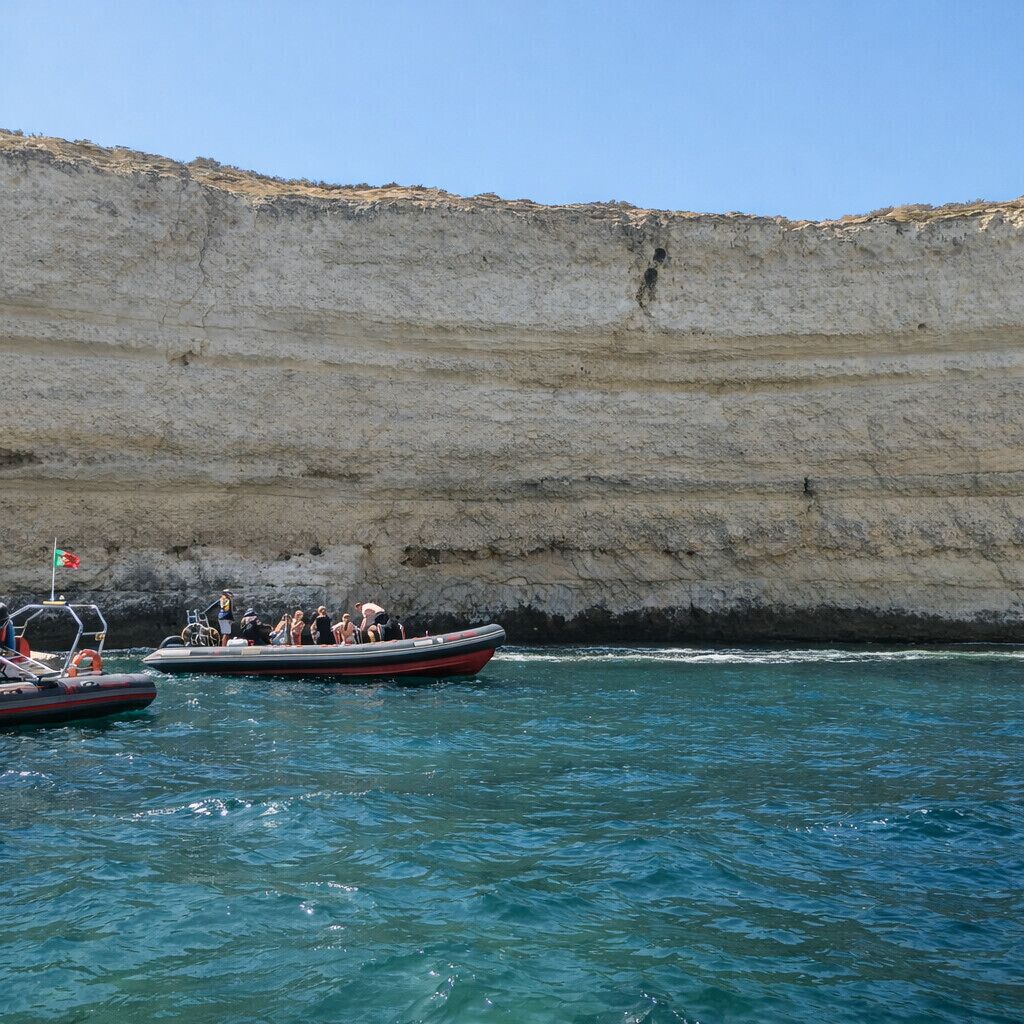Un bateau transportant des passagers navigue sur une étendue d’eau près d’une falaise.