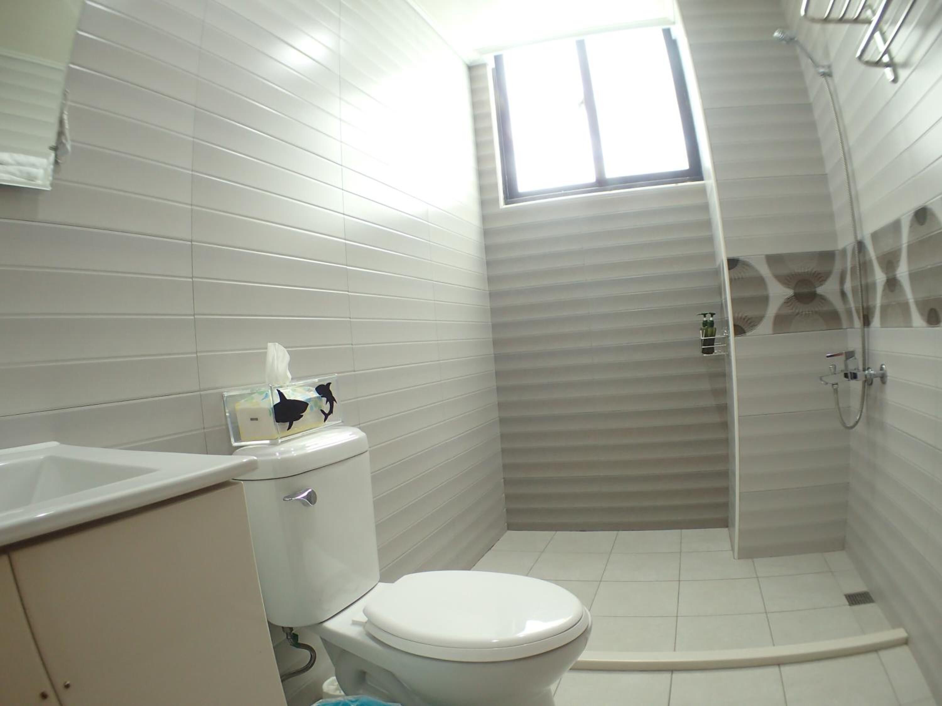 A bathroom with a toilet, a shower, and a window.
