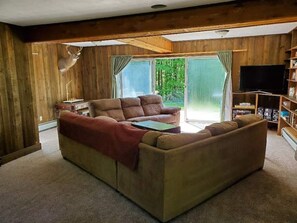 TV connectée, cheminée, livres, espaces bureaux