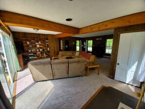 Smart TV, chimenea, libros, oficina