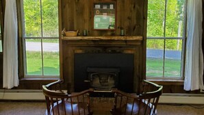 A room with a fireplace, two windows with curtains, and a view of greenery outside.